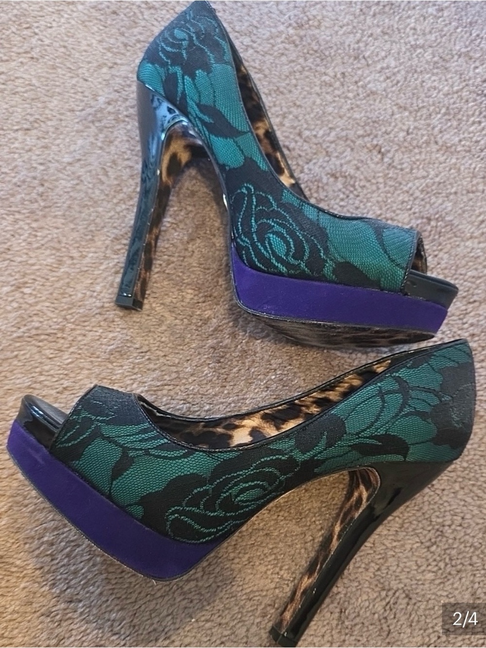 Betsey Johnson Green Brocade Peep-Toe Pumps